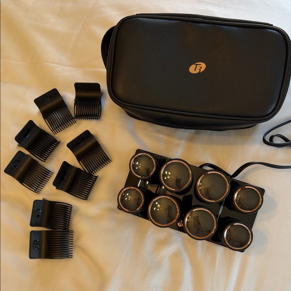 T3 Black and Rose Gold Heated Hair Rollers Set with Clips and Travel Case